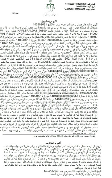 مزایده فروش یکدستگاه سواری رنو تیپ لوگان L90 مدل 1391