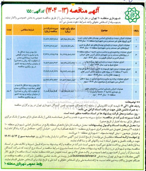 مناقصه عملیات اجرایی مرمت و بازسازی اساسی بوستان های ارزش و...