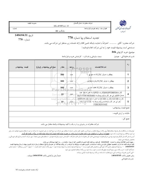 استعلام خرید کارتهای FTTH