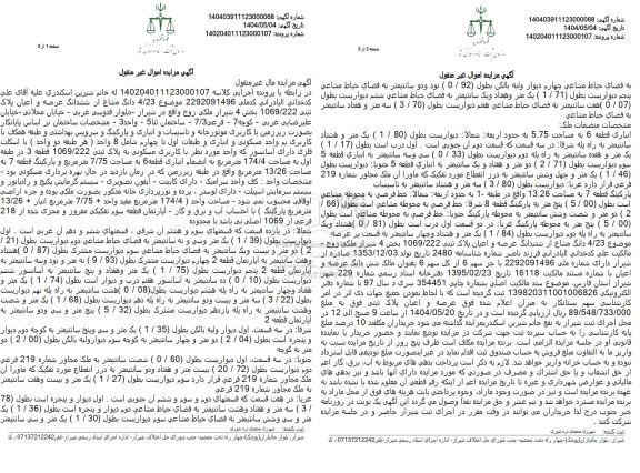 مزایده فروش ششدانگ عرصه و اعیان پلاک ثبتی 1069.222 