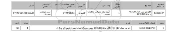 استعلام فلو متر مدل METCO 3GF برند:OERLIKON