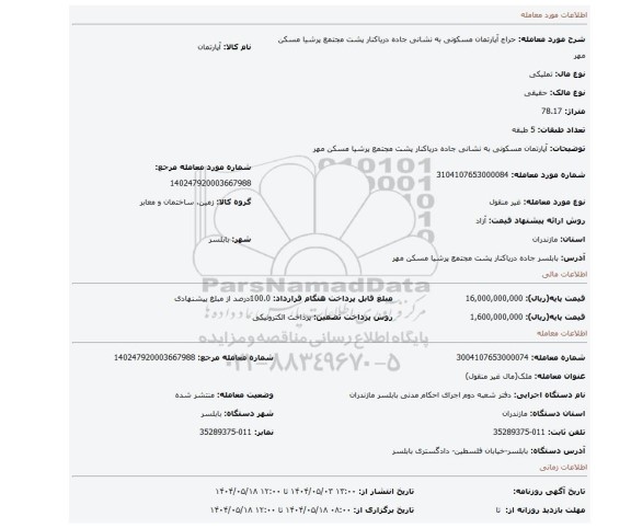 مزایده، آپارتمان مسکونی به نشانی جاده دریاکنار پشت مجتمع پرشیا مسکن مهر