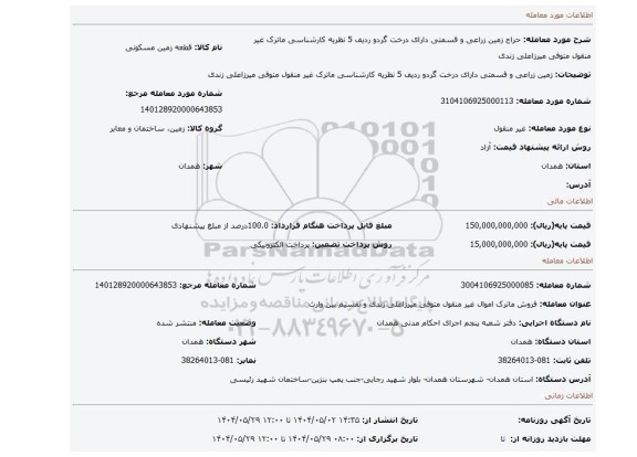 مزایده، زمین زراعی و قسمتی دارای درخت گردو ردیف 5 نظریه کارشناسی ماترک غیر منقول متوفی میرزاعلی زندی