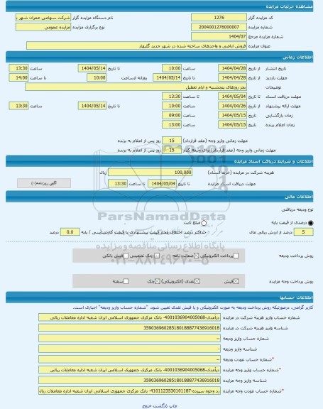 مزایده ، فروش اراضی و واحدهای ساخته شده در شهر جدید گلبهار -مزایده زمین - استان خراسان رضوی