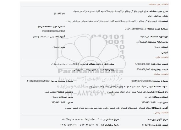 مزایده، فروش باغ گردو واقع در گورستان ردیف 3 نظریه کارشناسی ماترک غیر منقول متوفی میرزاعلی زندی