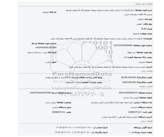 مزایده، آپارتمان به نشانی بابلسر نخست وزیری روبروی مجتمع بانک کشاورزی مجتمع پردیس 16 طبقه سوم واحد غربی