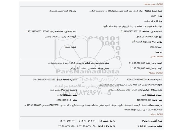 مزایده، فروش چند قطعه زمین شالیزارواقع در خراط محله لنگرود