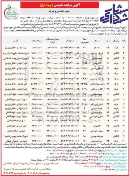 آگهی مزایده عمومی اجاره کانکس و غرفه