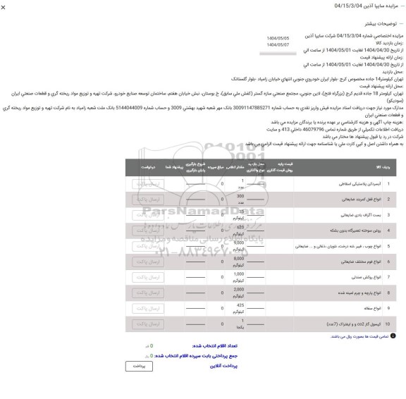 مزایده آبسردکن پلاستیکی اسقاطی .... 