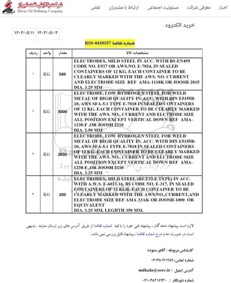 استعلام خرید الکترود 