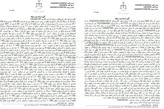 مزایده یک دستگاه آپارتمان به پلاک ثبتی 251 فرعی از 941 اصلی 