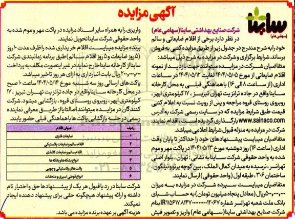 مزایده برخی از اقلام ضایعاتی و سالم ...