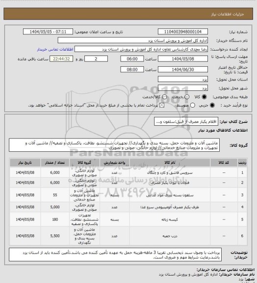 استعلام اقلام یکبار مصرف از قبیل:سلفون و...