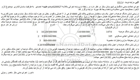 مزایده شش دانگ عرصه و اعیان  یک باب ساختمان مسکونی پلاک ثبتی 6869 فرعی از 7 اصلی