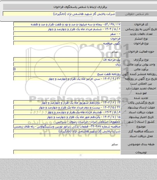 مناقصه, مناقصه شماره ۰۳۴۰۲۶۷ قطعات یدکی ژنراتور توربین وستینگهاوس - رله های زیمنس