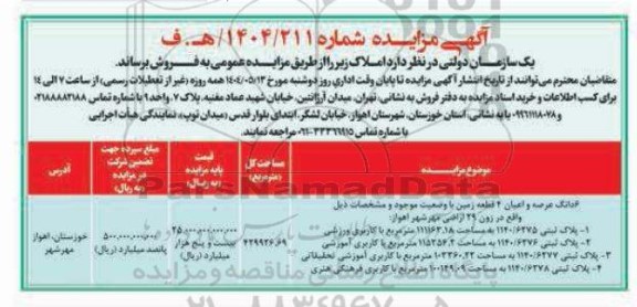 مزایده فروش 4 قطعه زمین 