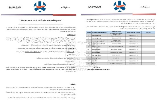  مناقصه: خرید ماشین آلات برش و پرس سیم مورد نیاز