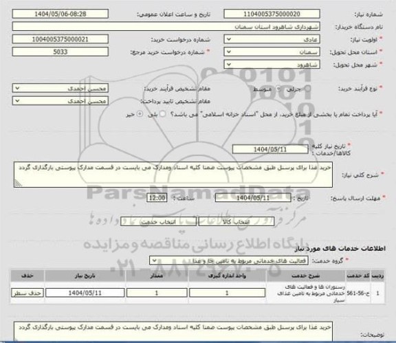 استعلام خرید غذا برای پرسنل 