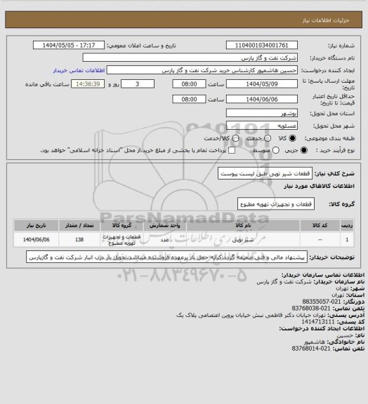 استعلام قطعات شیر توپی طبق لیست پیوست