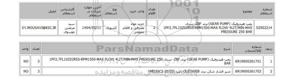 استعلام پمپ هیدرولیک (GEAR PUMP)-برند ZBF- سری 1PF2.7FL10Z02RSS-RPM1500-MAX FLOW 4LIT/MIN-MAX PRESSURE 250 BAR