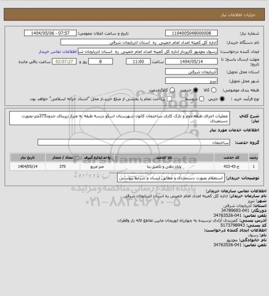 استعلام عملیات اجرای طبقه دوم و نازک کاری ساختمان کانون  شهرستان اسکو درسه طبقه به متراژ زیربنای حدود375متر-بصورت دستمزدی