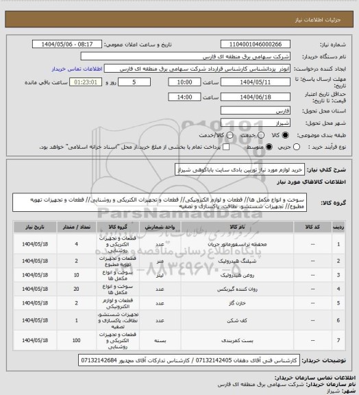 استعلام خرید لوازم مورد نیاز توربین بادی سایت باباکوهی شیراز