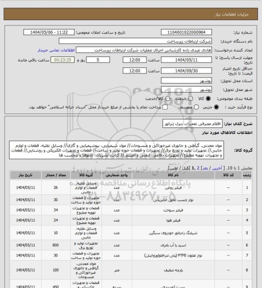 استعلام اقلام مصرفی تعمیرات دیزل ژنراتور
