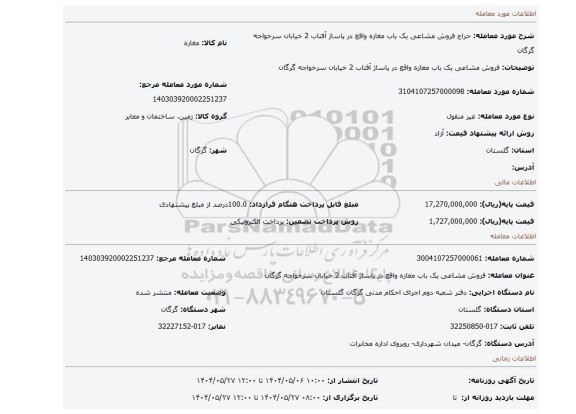 مزایده، فروش مشاعی یک باب مغازه واقع در پاساژ آفتاب 2 خیابان سرخواجه گرگان