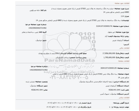 مزایده، سه دانگ ساختمان به پلاک ثبتی 27202 فرعی از یک اصلی مفروز و مجزی شده از 6983 فرعی ازاصلی مذکور بخش 14