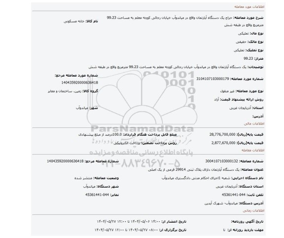 مزایده، یک دستگاه آپارتمان واقع در میاندوآب خیابان رجائی کوچه معلم  به مساحت 99،23 مترمربع واقع در طبقه شش