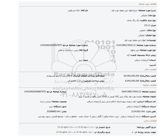 مزایده، اموال غیر منقول نوبت اول
