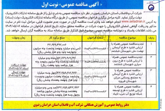 مناقصه عمومی طرح آبرسانی نهضت ملی شهرستان ششتمد...