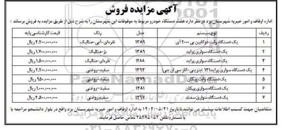 مزایده فروش هفت دستگاه خودرو