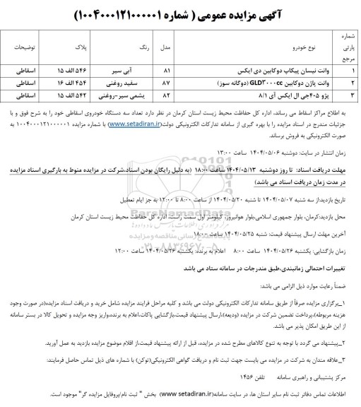 مزایده عمومی فروش تعداد سه دستگاه خودروی اسقاطی