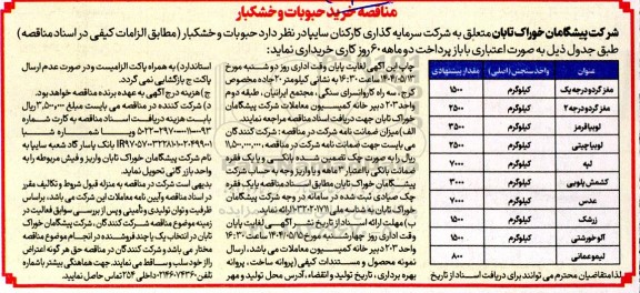 مناقصه خرید حبوبات و خشکبار