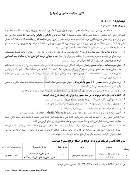 مناقصه حراج حضوری واحد تجاری کافی شاپ پارک هویزه