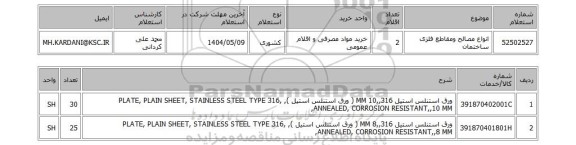 استعلام انواع مصالح ومقاطع فلزی ساختمان