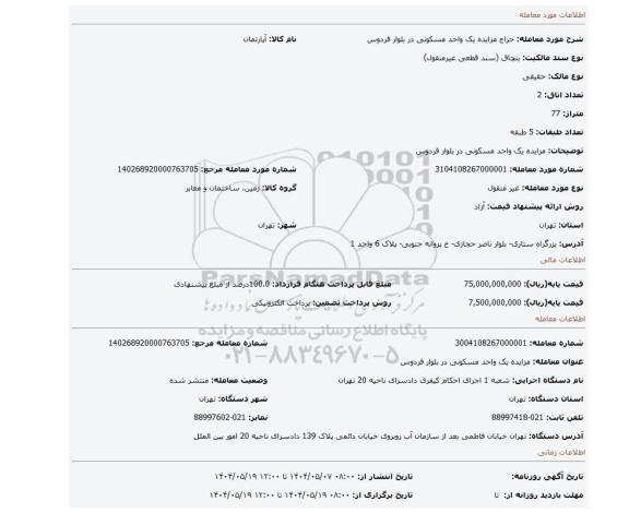 مزایده، مزایده یک واحد مسکونی در بلوار فردوس