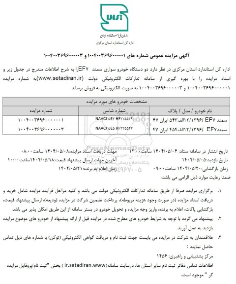 مزایده فروش دو دستگاه خودرو سواری سمند
