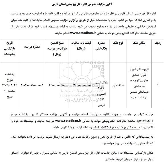 مزایده عمومی واگذاری ملک 