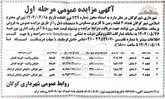 مزایده 4 قطعه زمین