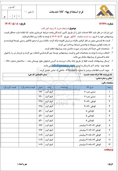 استعلام خرید 12 ردیف آهن آلات 