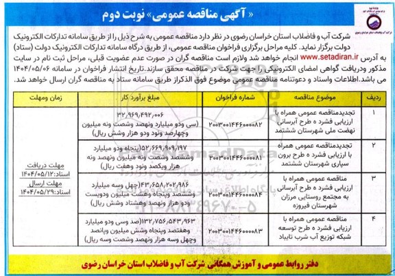 مناقصه عمومی طرح آبرسانی نهضت ملی شهرستان ششتمد... نوبت دوم