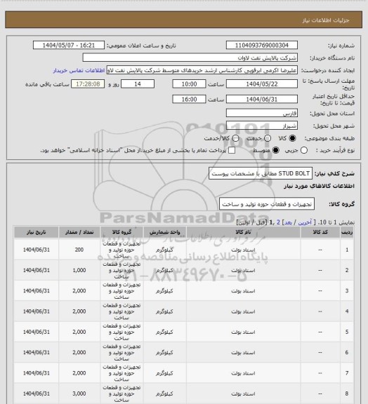 استعلام STUD BOLT مطابق با مشخصات پیوست