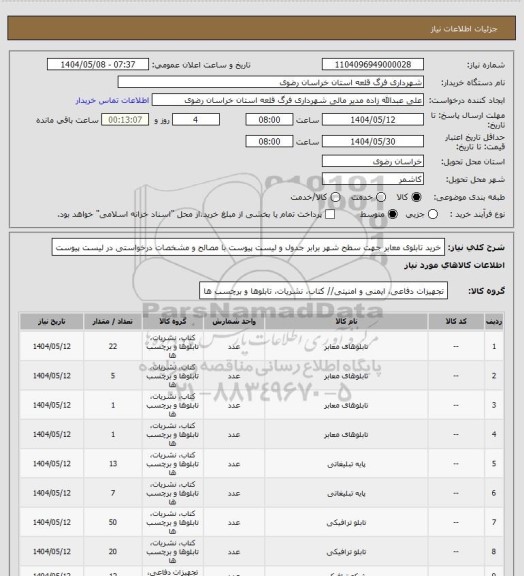 استعلام خرید تابلوی معابر جهت سطح شهر برابر جدول و لیست پیوست با مصالح و مشخصات درخواستی در لیست پیوست