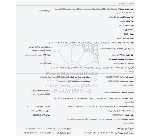 مزایده، ملک واقع در500دستگاه بلوارفردوسی فردوسی5فازدومبه مساحت86/63مترمربع 3 دانگ از6 دانگ مشاع