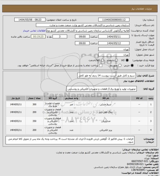 استعلام سیم و کابل طبق لیست پیوست 14 ردیف به طور کامل