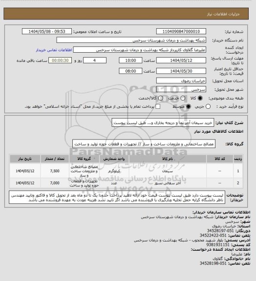 استعلام خرید سیمان آجر نما و دریجه بخاری و... طبق لیست پیوست