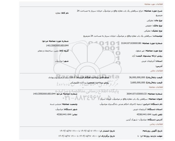 مزایده، سرقفلی یک باب مغازه واقع در میاندوآب خیابان سرباز به مساحت 24 مترمربع