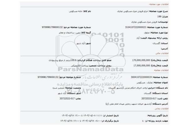 مزایده، فروش منزل مسکونی  تجاری